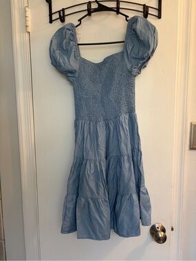 Justify Light Blue Puff Sleeve Tiered Smocked Dress